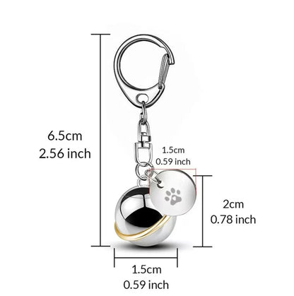 Dimensions measurement chart of the orbit planet pet ashes urn keychain and clasp.