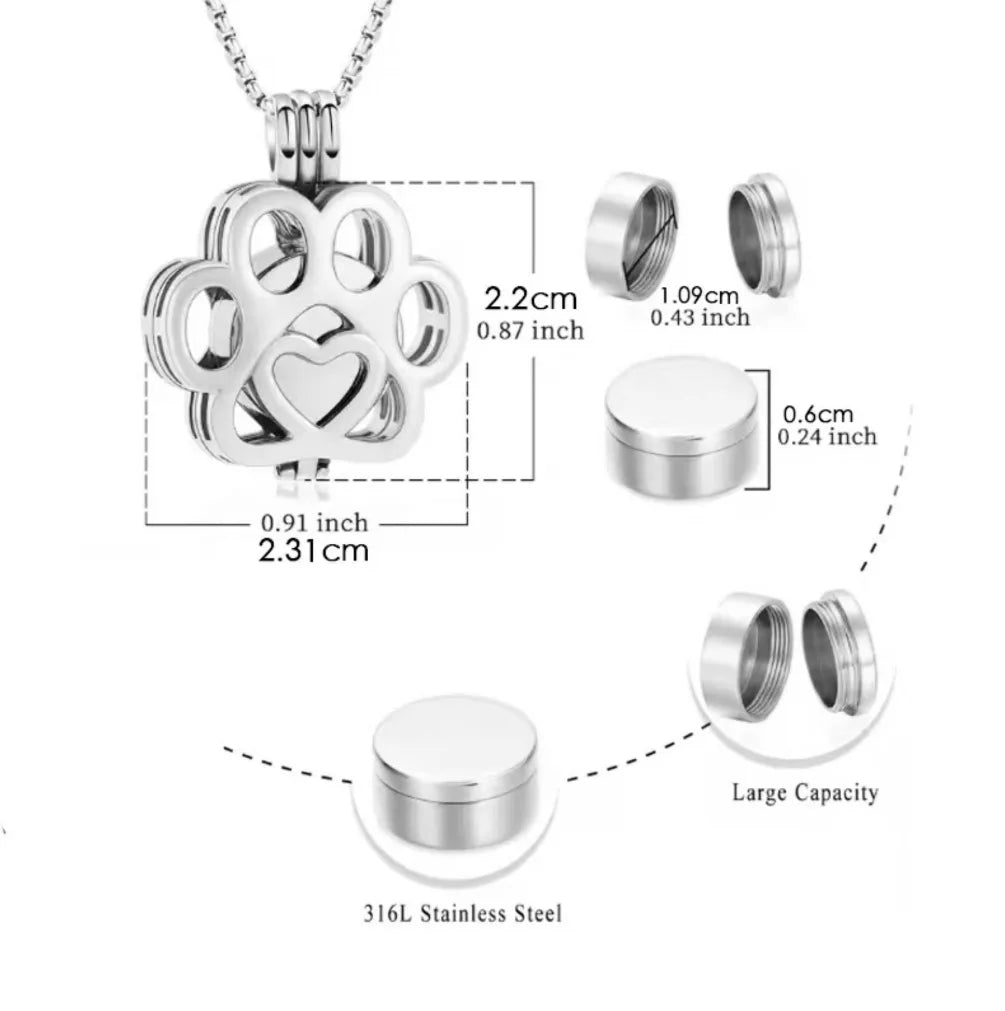 Size specifications of the hollow paw locket measuring 0.87 by 0.91 inches and the 316L steel inner capsule.