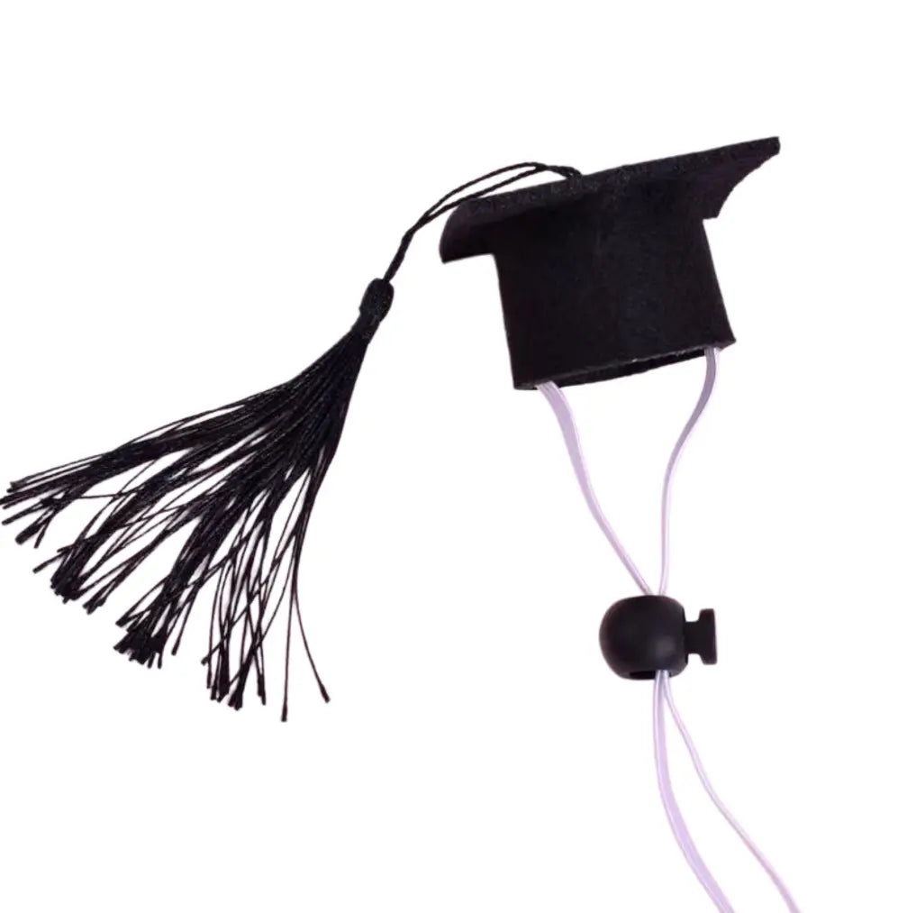 Detailed product view of the adjustable felt pet graduation hat with a royal blue tassel on a white background.