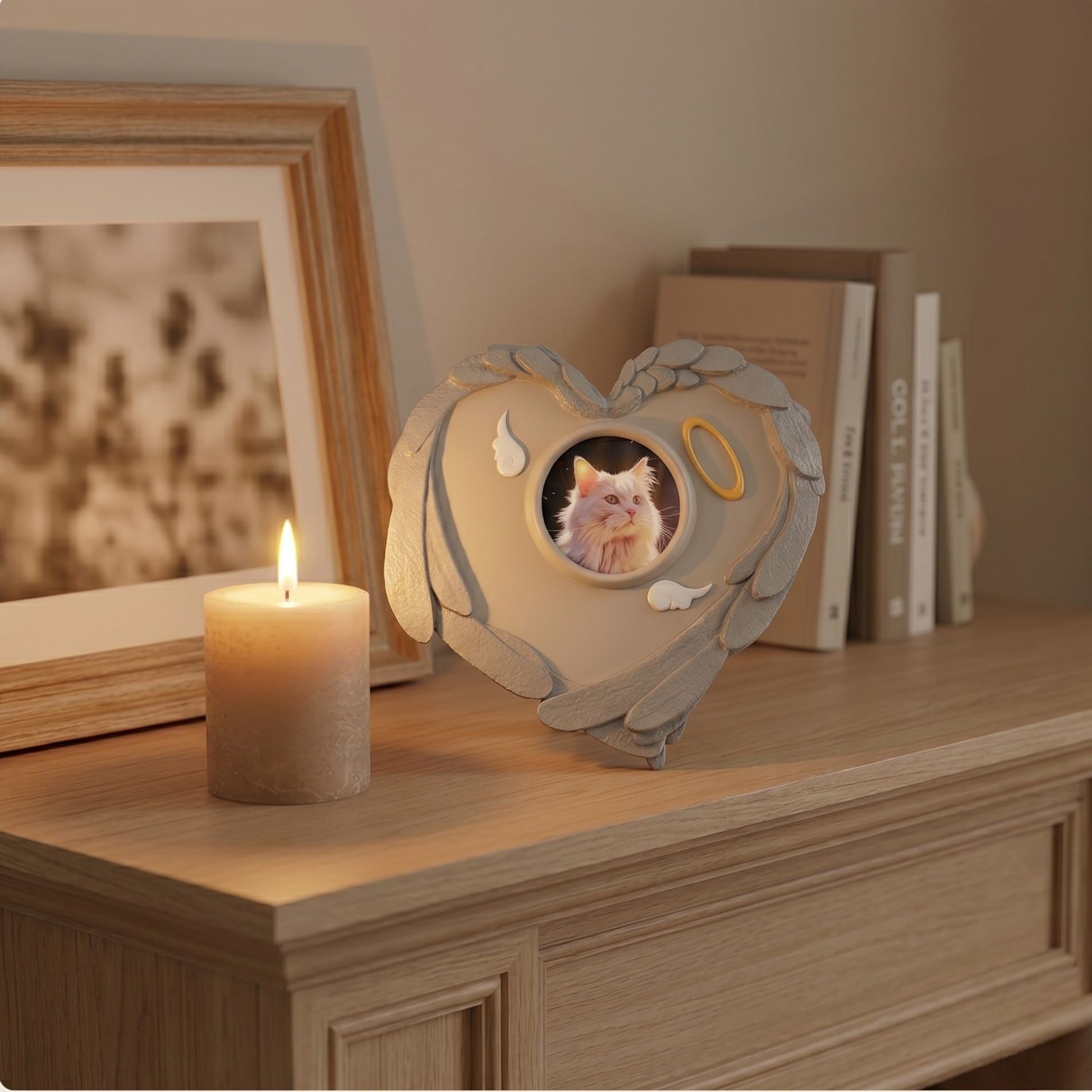 A heart-shaped pet memorial stone placed on a warm wooden mantle next to a glowing scented candle and soft background books.