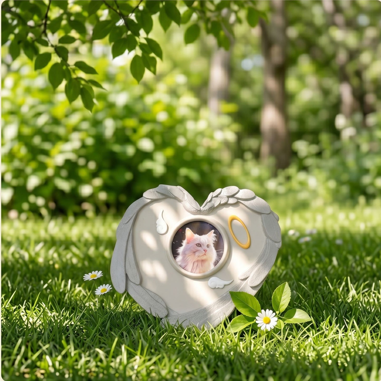 PawHalo pet remembrance stone nestled in green garden grass under dappled sunlight, surrounded by small white daisy flowers.