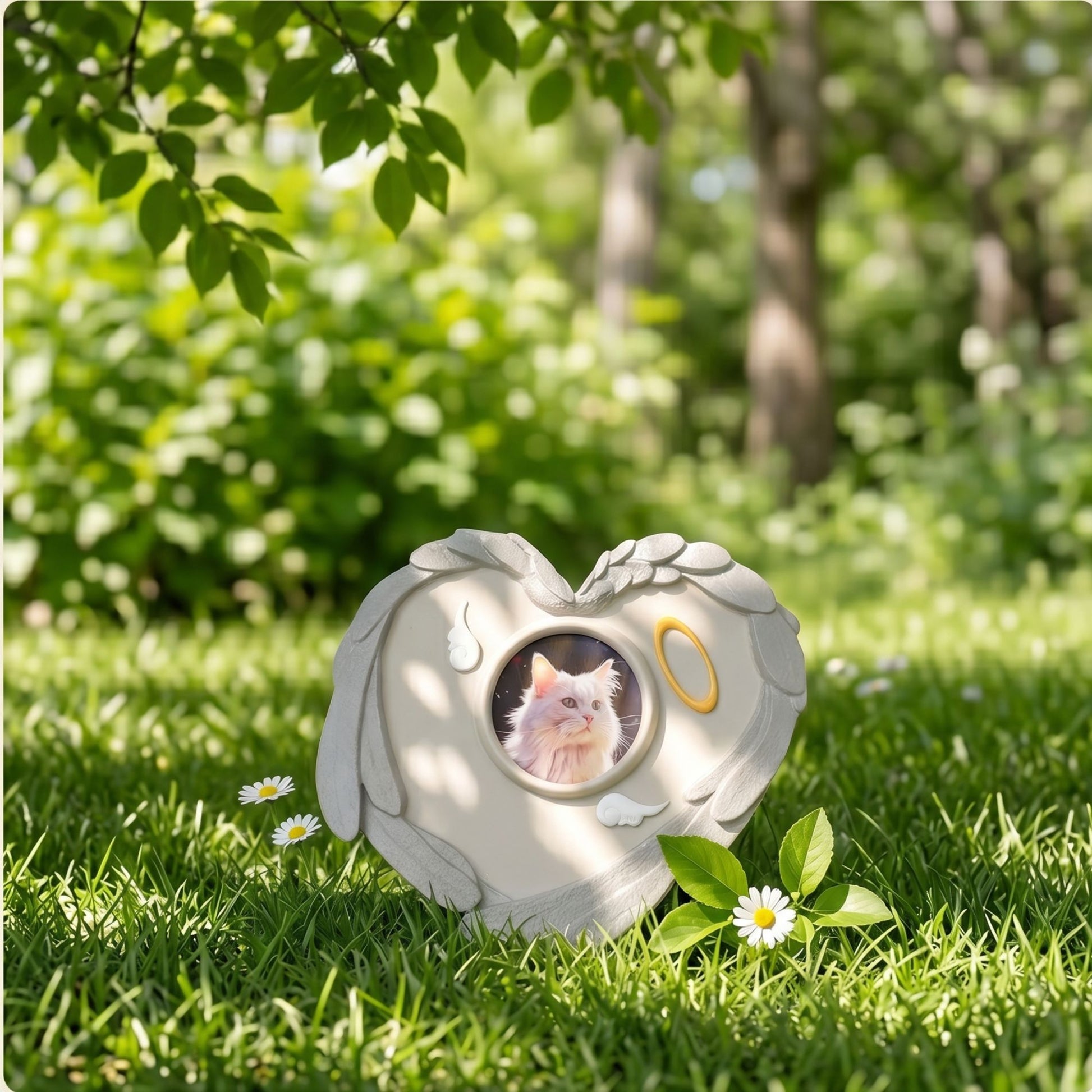 PawHalo pet remembrance stone nestled in green garden grass under dappled sunlight, surrounded by small white daisy flowers.