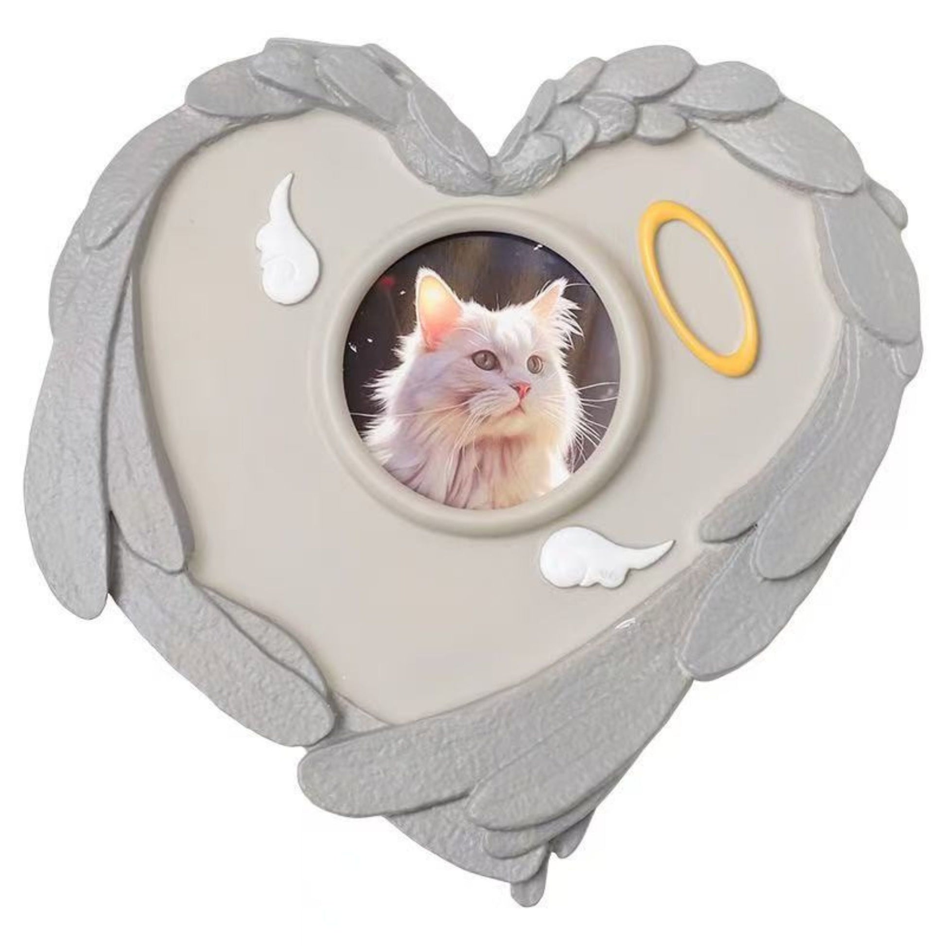 PawHalo heart-shaped cat memorial stone with angel wings, a white cat photo, and a golden halo on a pure white background.