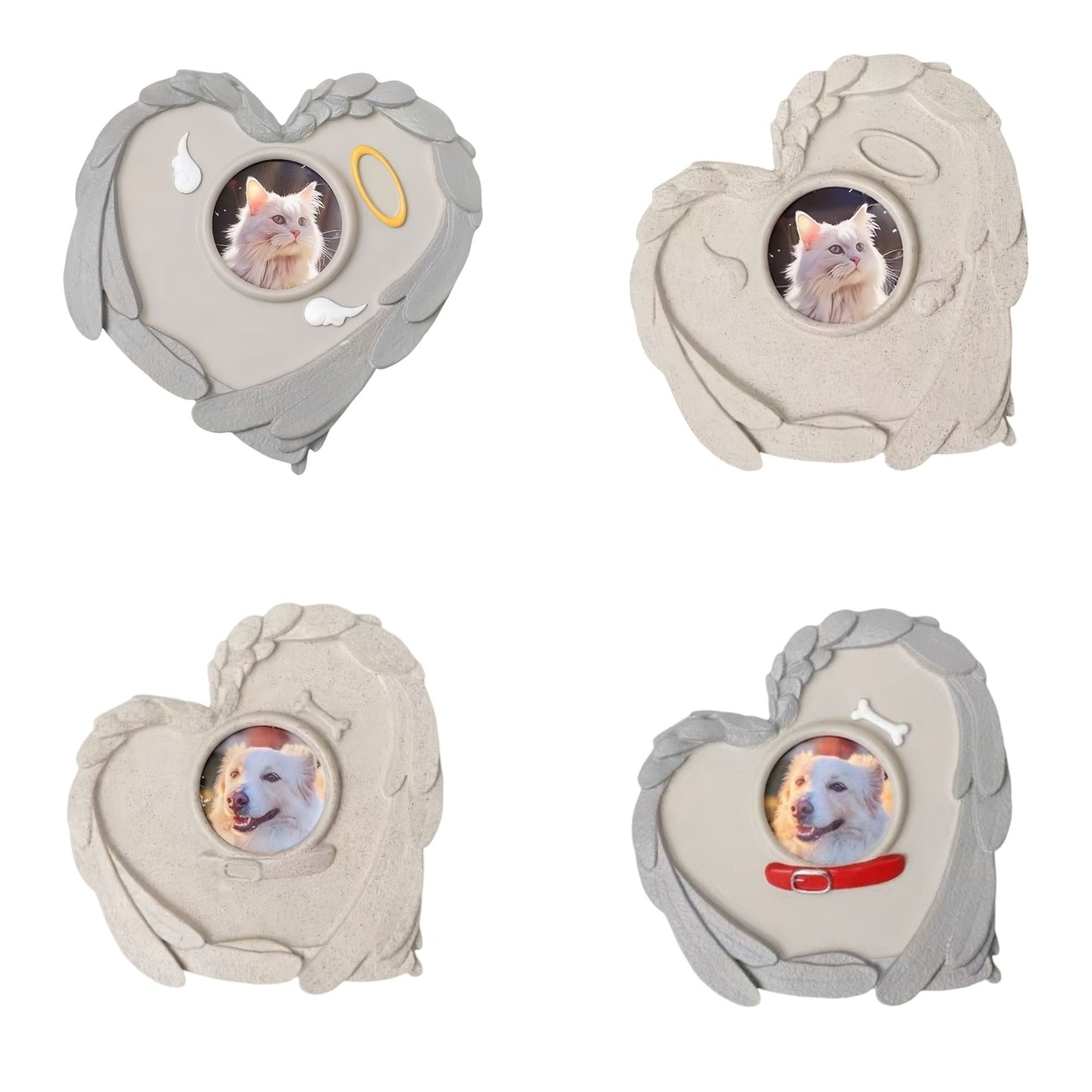 Four variations of PawHalo heart-shaped pet memorial stones featuring cat and dog designs with sculpted angel wings on a white background.