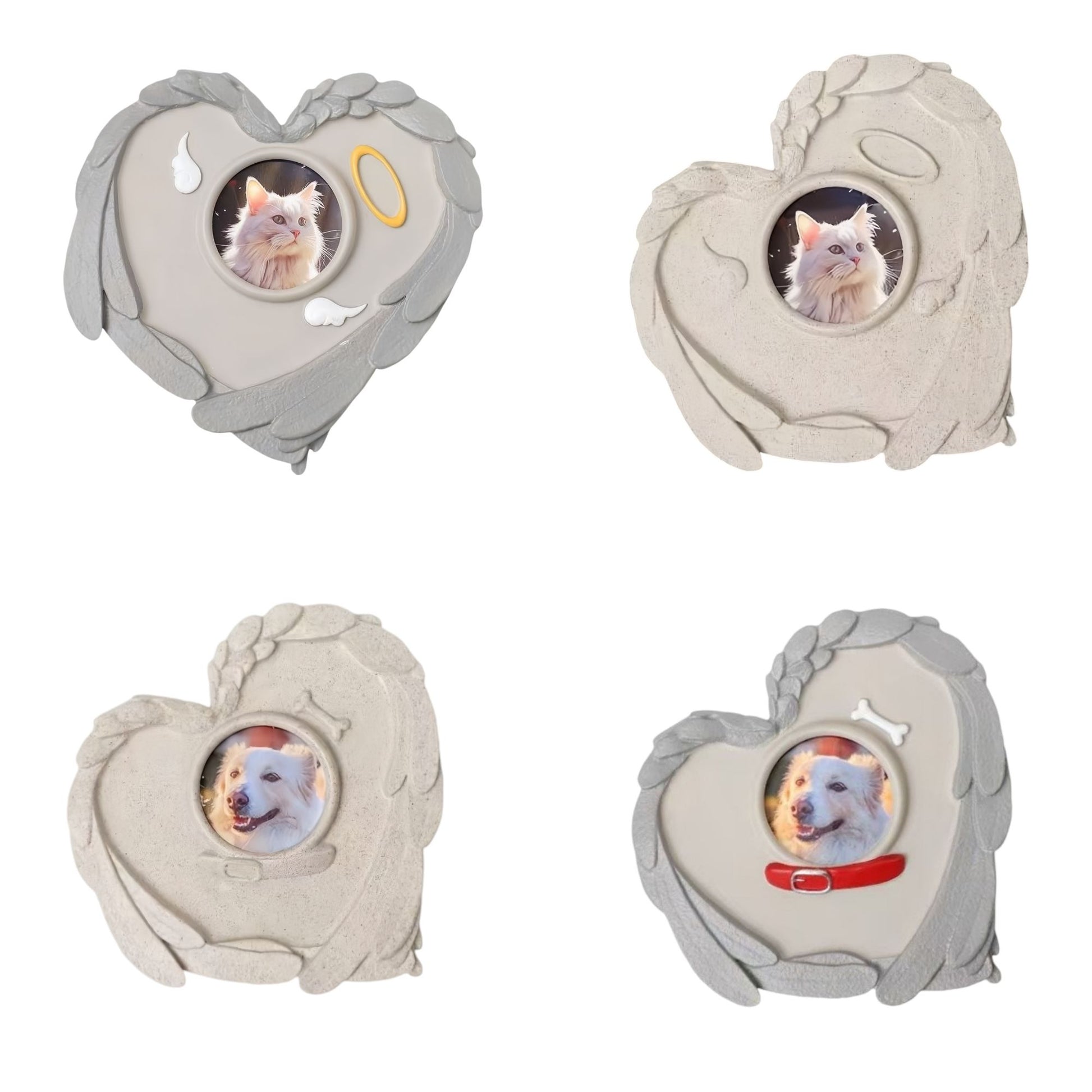 Four variations of PawHalo heart-shaped pet memorial stones featuring cat and dog designs with sculpted angel wings on a white background.