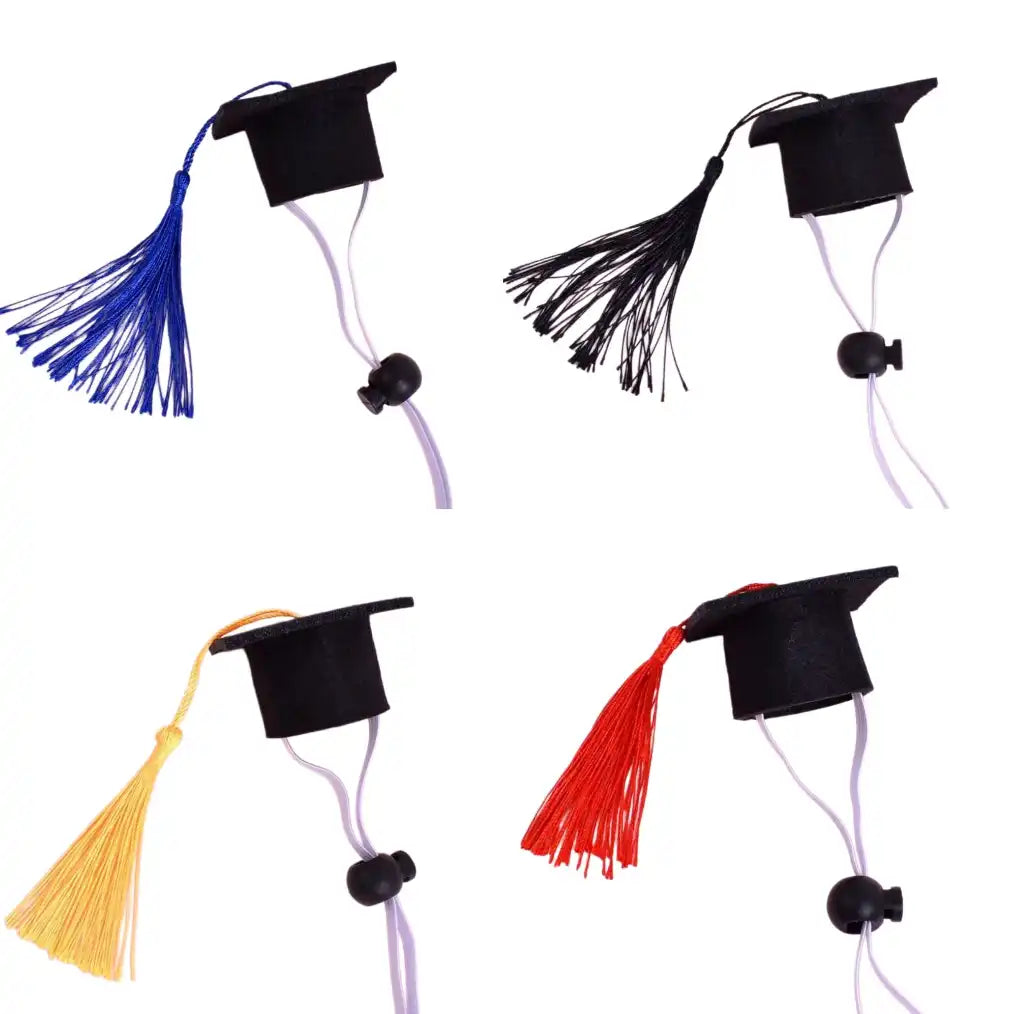 Four styles of PawHalo mini pet graduation caps with blue, black, yellow, and red tassels on a white background.