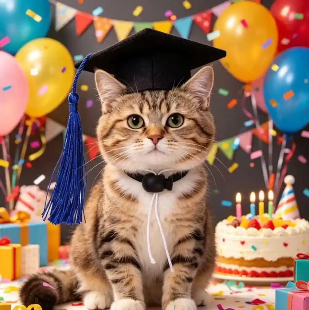 A cute tabby cat celebrating a birthday party wearing a pet graduation hat with a blue tassel, surrounded by balloons and a cake.