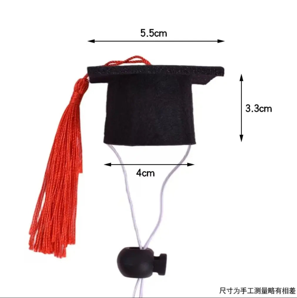 Size chart diagram showing pet graduation hat measurements with 5.5cm top, 3.3cm height, and 4cm base diameter