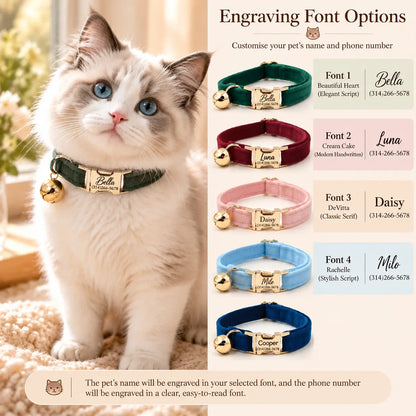 Four engraving font options for cat names, with phone numbers shown on gold-tone collar buckles