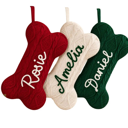 Personalized dog Christmas stockings in red, cream and dark green with embroidered pet names