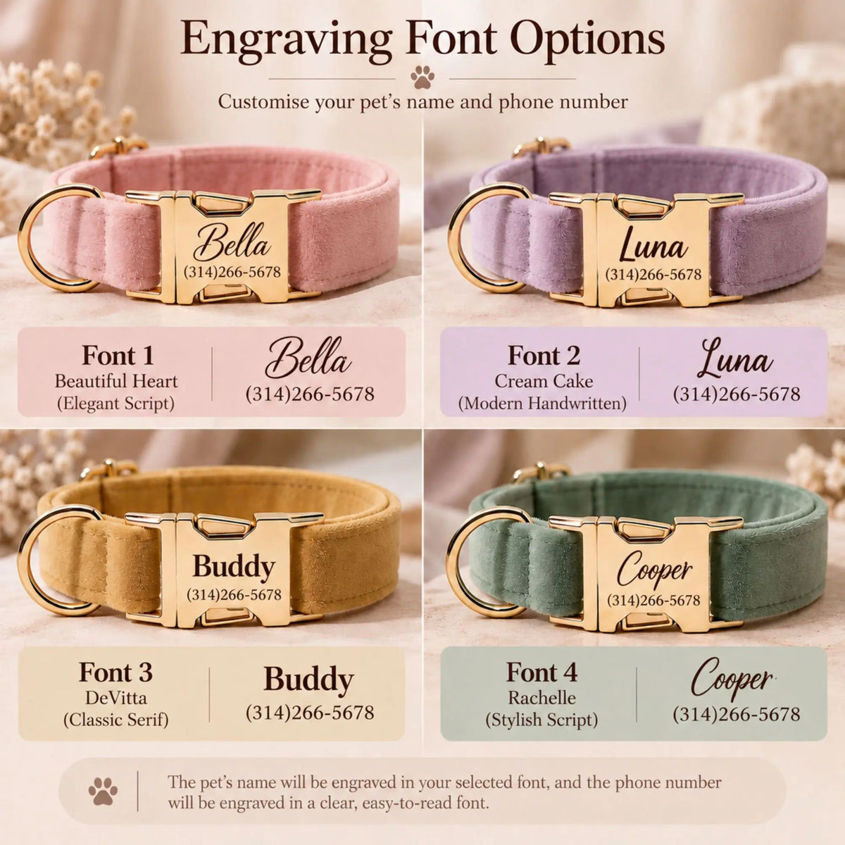 Four personalized dog collar engraving font options with pet names and phone numbers