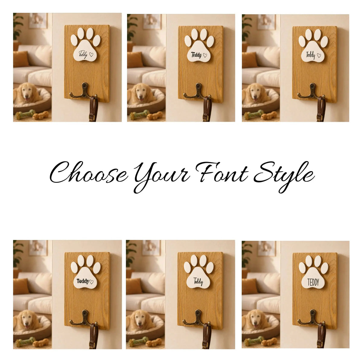 Six personalized wooden dog leash holder examples showing different name fonts and heart details