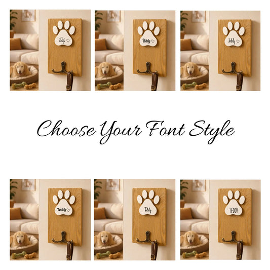 Six personalized wooden dog leash holder examples showing different name fonts and heart details