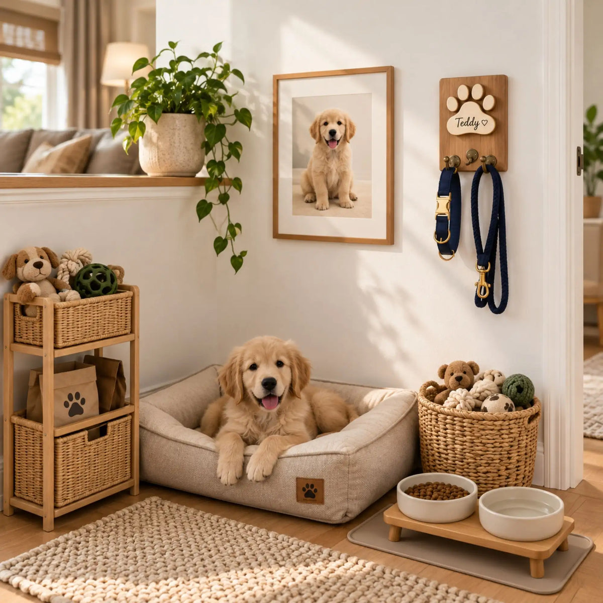 Personalized paw-print leash holder displaying a blue collar and leash beside a dog’s bed and portrait