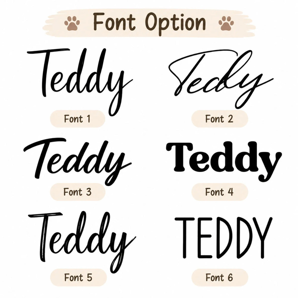 Six engraving font options numbered Font 1 through Font 6 for a personalized dog leash holder