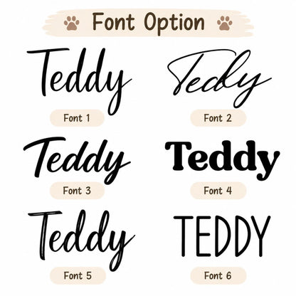 Six engraving font options numbered Font 1 through Font 6 for a personalized dog leash holder