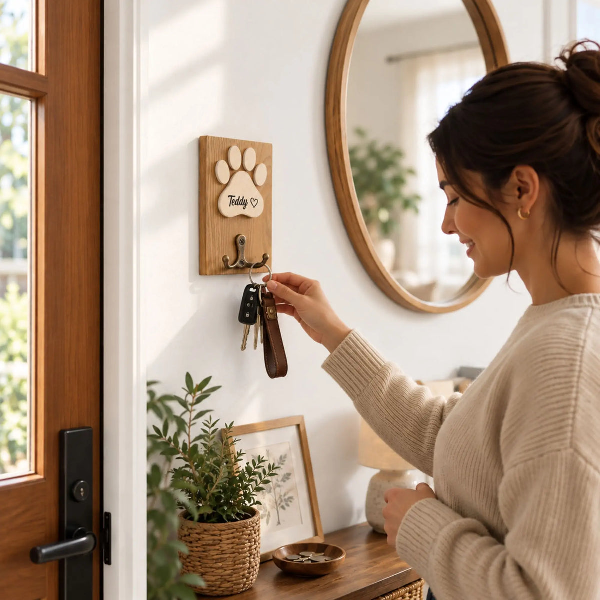 Woman hanging keys on a personalized wooden dog leash holder beside an entryway mirror