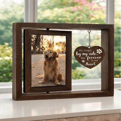 A personalized dog memorial picture frame placed beautifully on a living room shelf as a comforting home decor tribute.