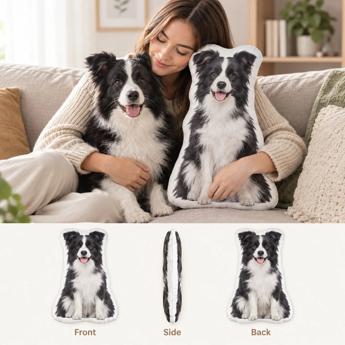 Personalized dog photo pillow shown with pet owner and front, side and back views