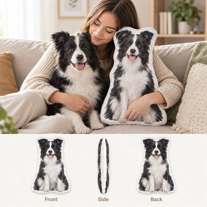 Personalized dog photo pillow shown with pet owner and front, side and back views