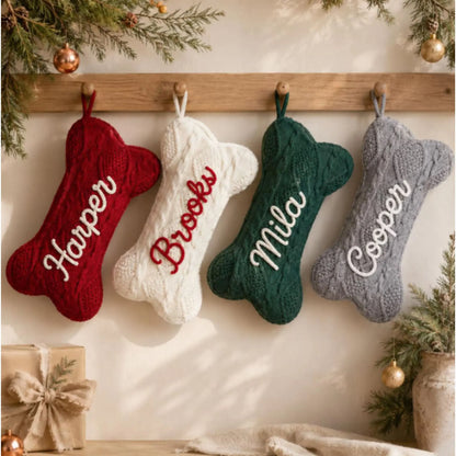 Personalized dog bone stockings in five color options with custom embroidered pet names