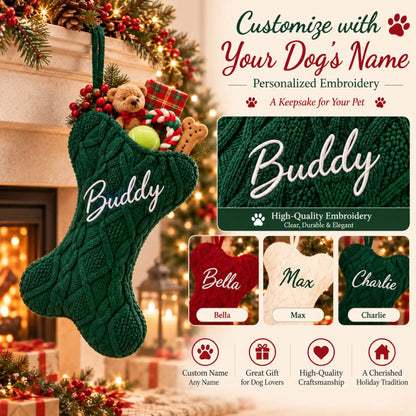 Personalized dog stocking with custom pet name embroidered in Dancing Script