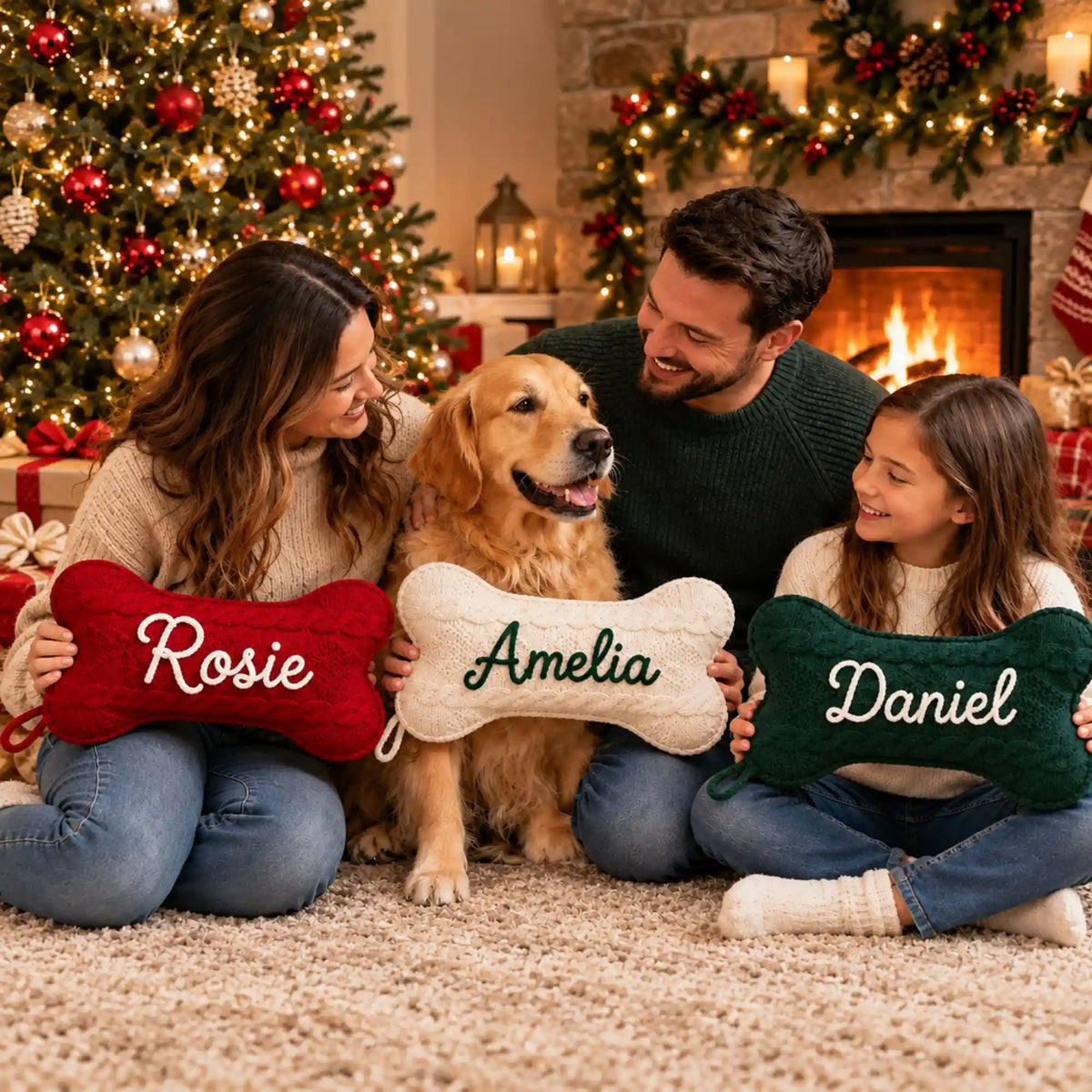Family celebrating Christmas with their dog and personalized bone-shaped pet stockings