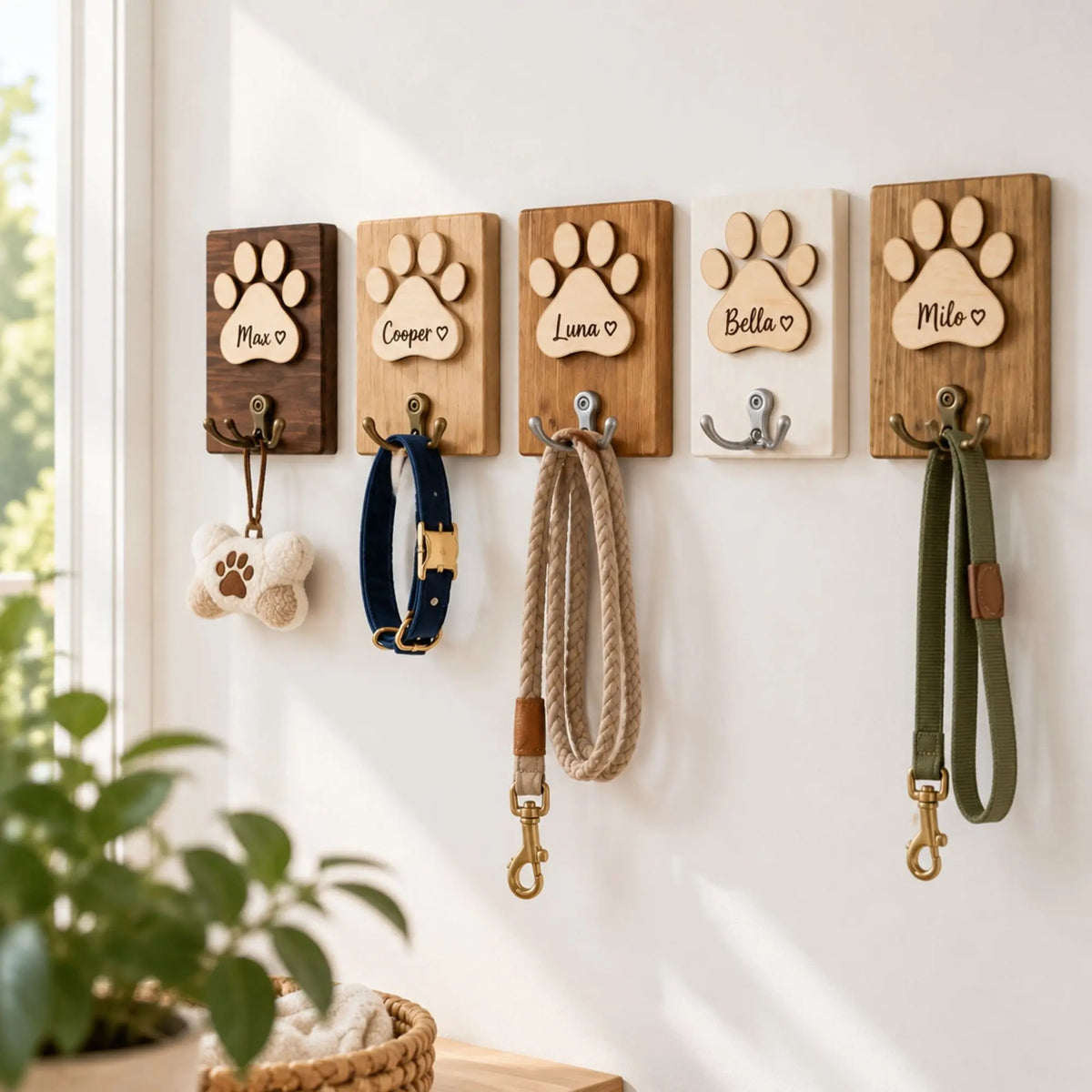 Five personalized paw-print wall holders displaying dog names, with leashes and a collar hanging below