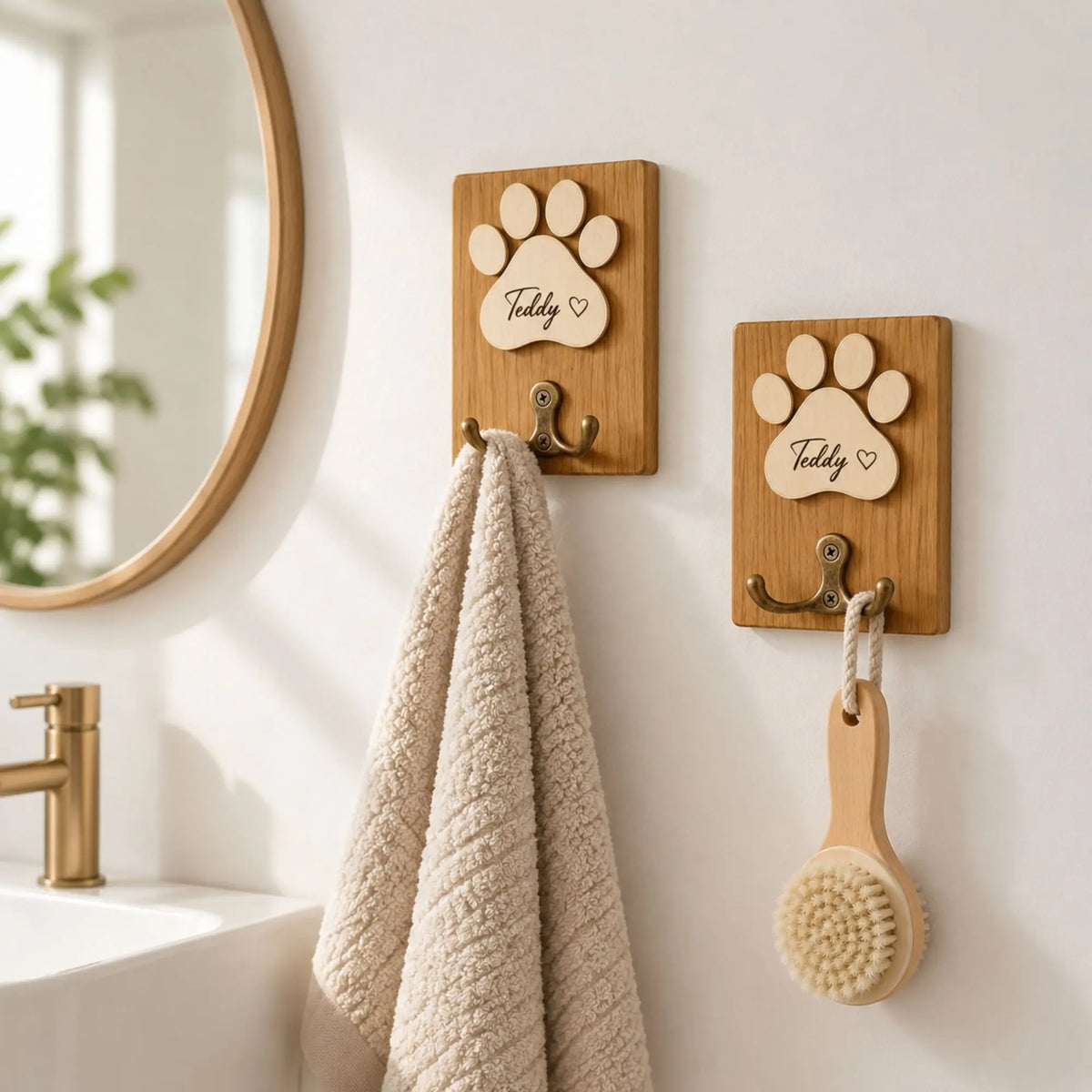 Two personalized wooden paw-print wall hooks holding a towel and a handled brush