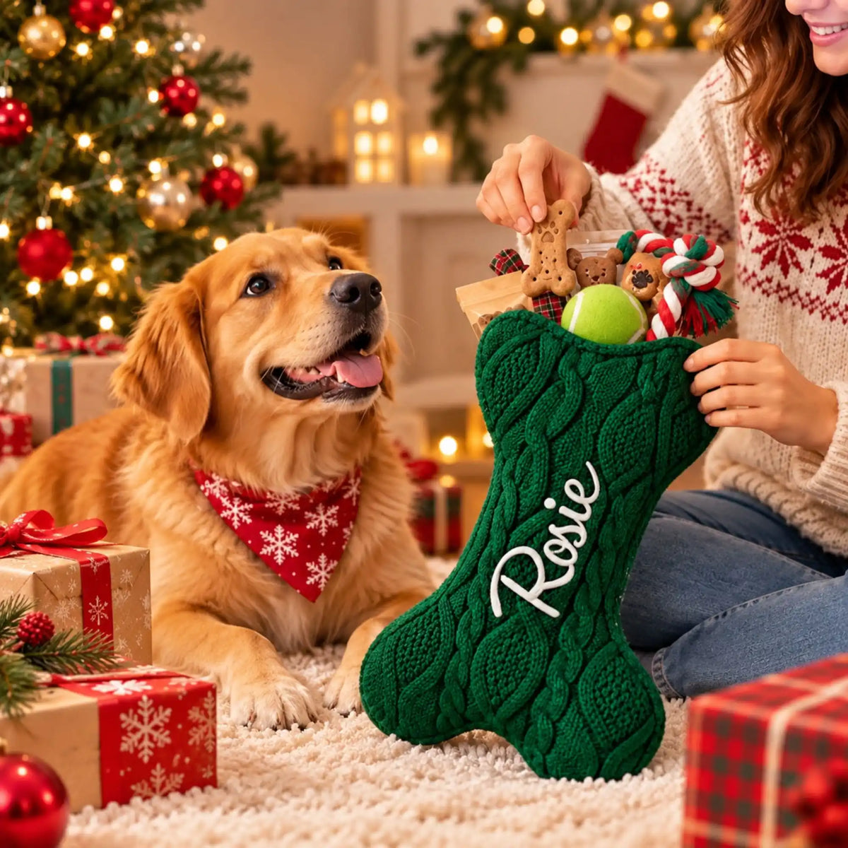 Dog owner filling a personalized pet Christmas stocking with treats and toys