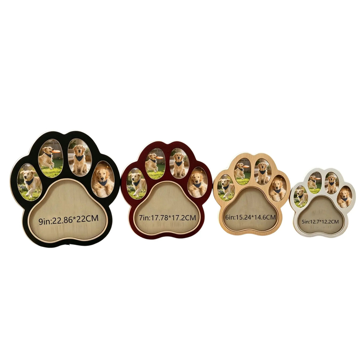 Personalized paw print pet fur keepsake frame with four pet photos and custom name