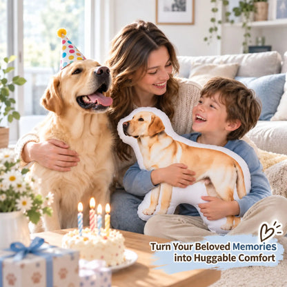 Personalized pet photo pillow with a family and dog as a custom gift for pet lovers