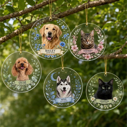 Five personalized pet memorial acrylic ornaments with dog and cat photos in assorted floral styles.