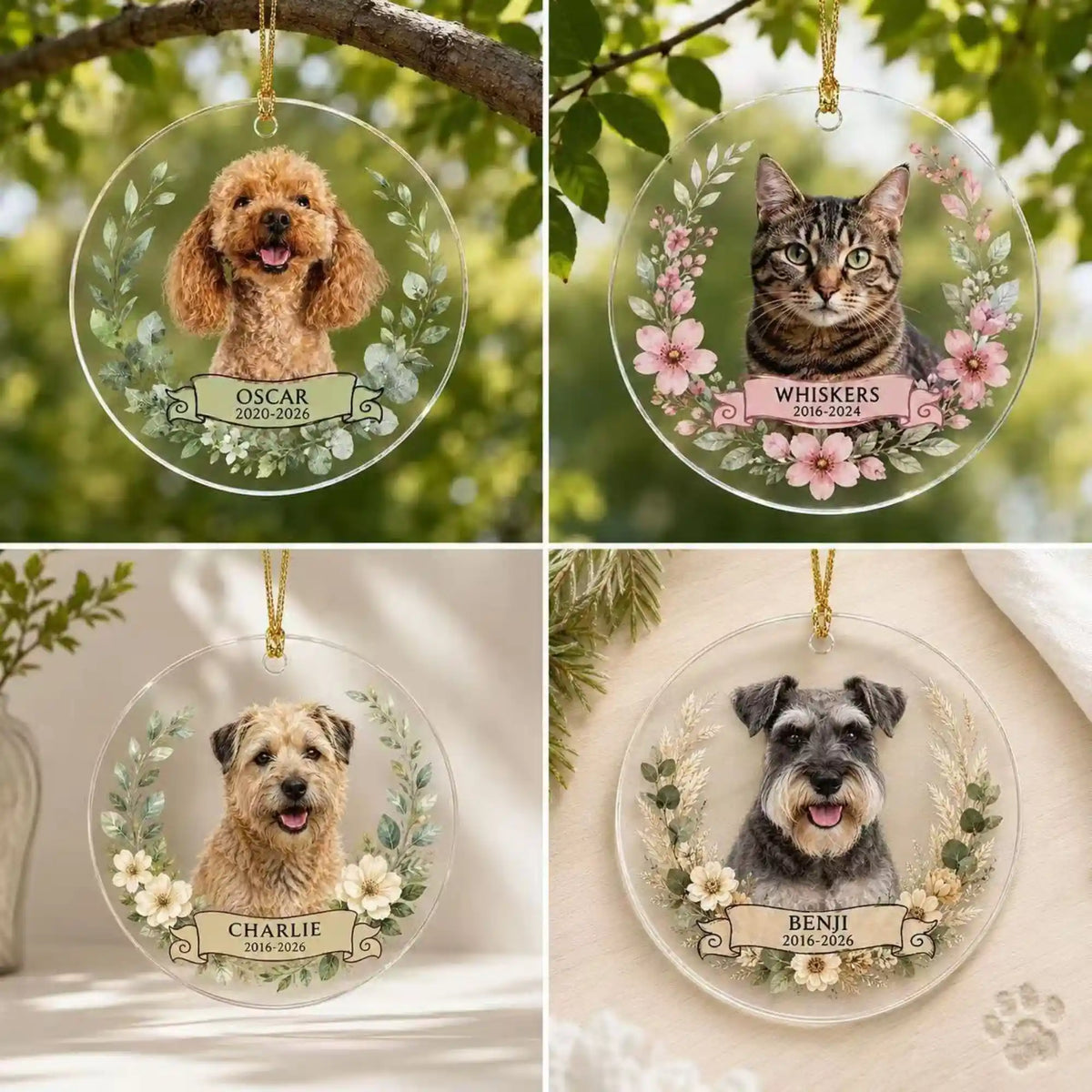 Four personalized pet memorial acrylic ornaments showing different custom pet photos and floral designs.