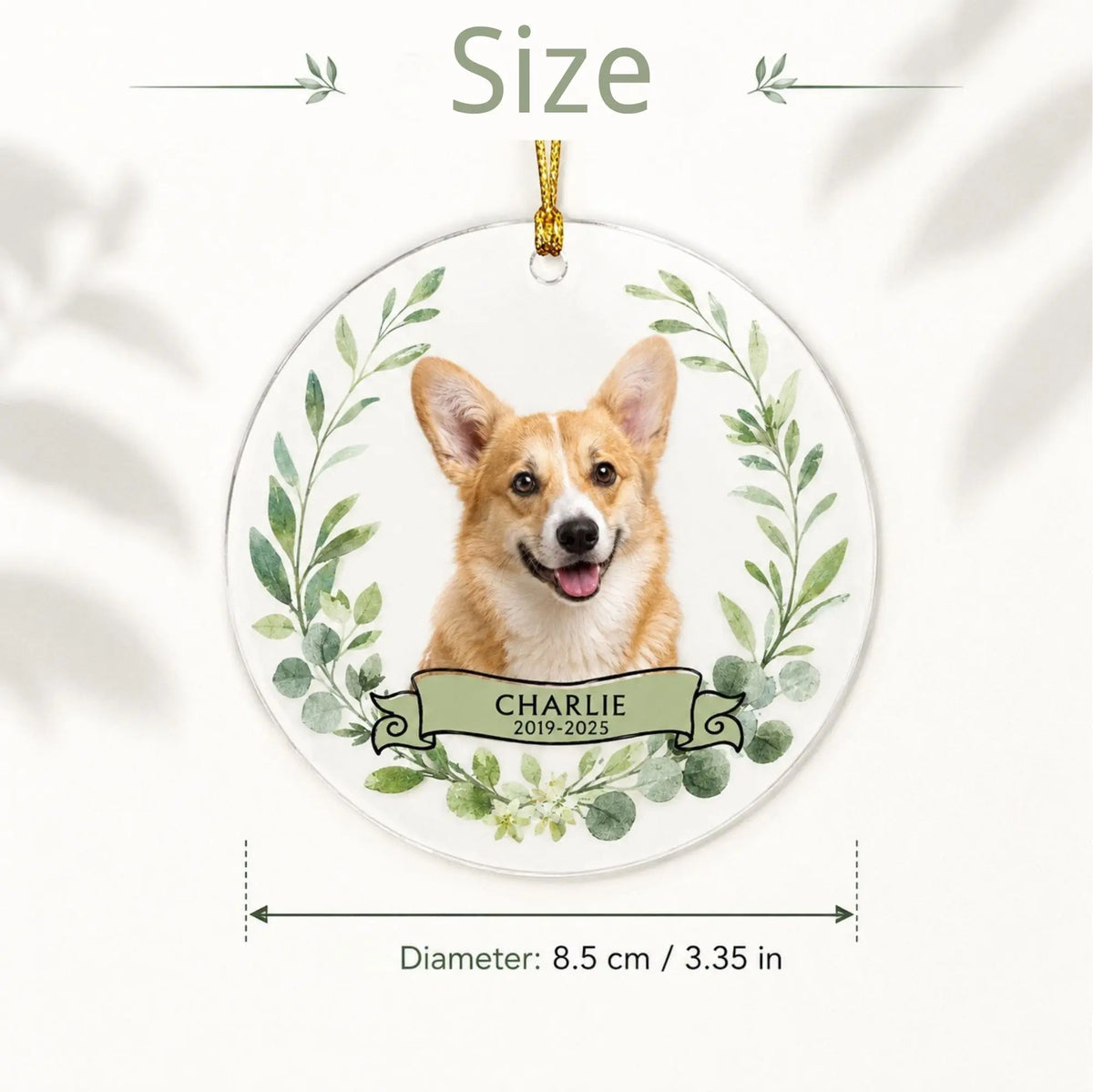 Size guide for a round personalized pet memorial ornament measuring 8.5 cm or 3.35 inches in diameter.