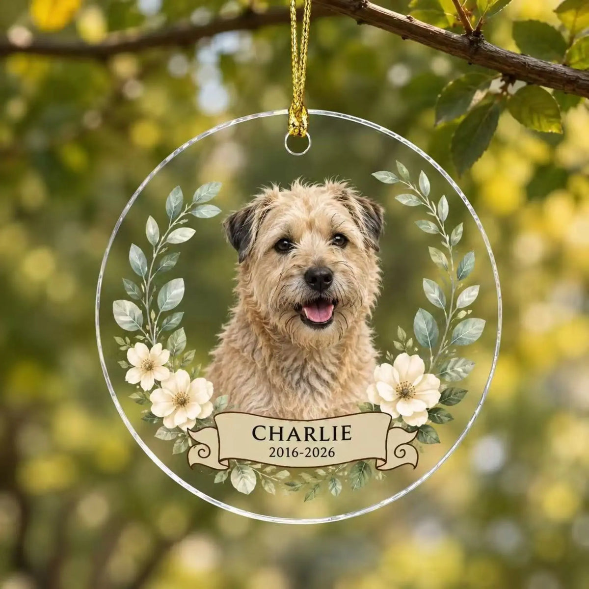 Personalized pet memorial ornament in Style A with a custom dog photo, name and memorial years on clear acrylic.