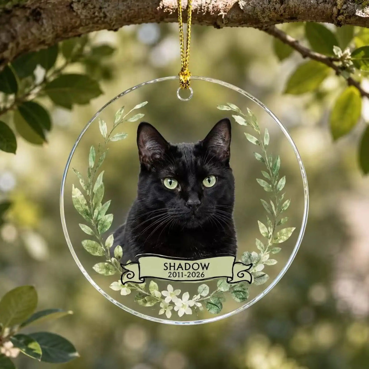 Personalized pet memorial ornament in Style B with a custom black cat photo, name and memorial years.