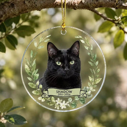 Personalized pet memorial ornament in Style B with a custom black cat photo, name and memorial years.