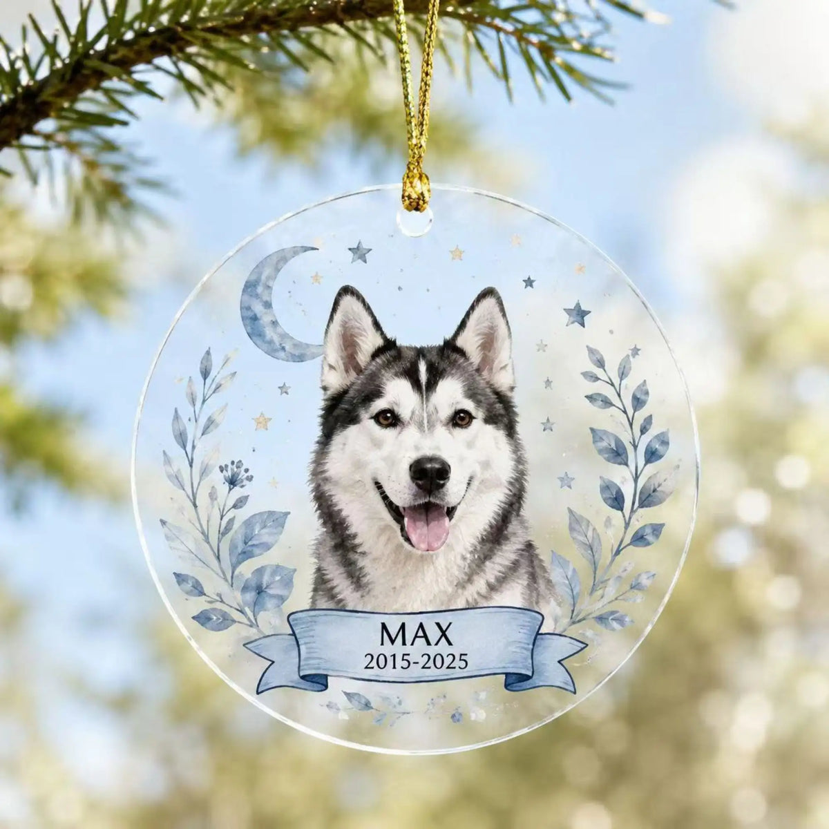 Personalized pet memorial ornament in Style C with a custom dog photo, blue foliage, moon and stars.