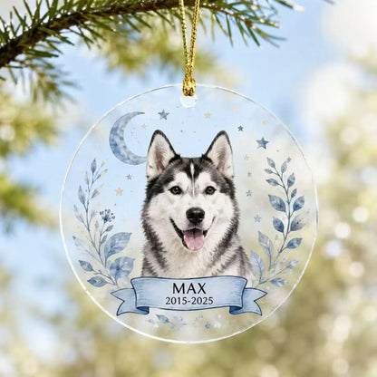 Personalized pet memorial ornament in Style C with a custom dog photo, blue foliage, moon and stars.