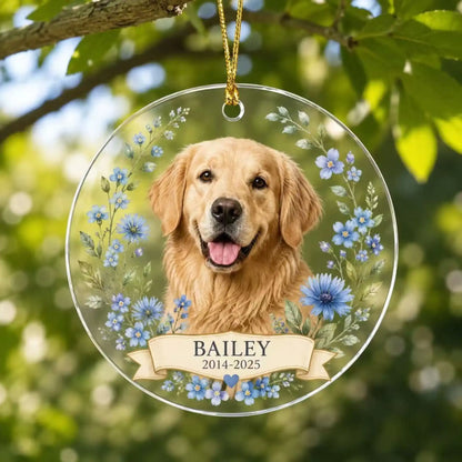 Personalized pet memorial ornament in Style D with a custom dog photo, name, years and blue flowers.