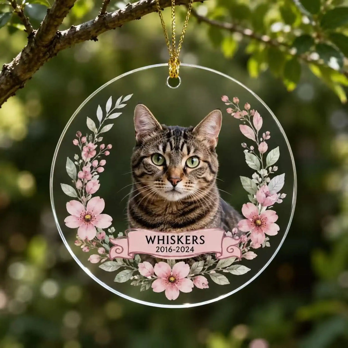 Personalized pet memorial ornament in Style F with a custom cat photo, name, years and pink flowers.