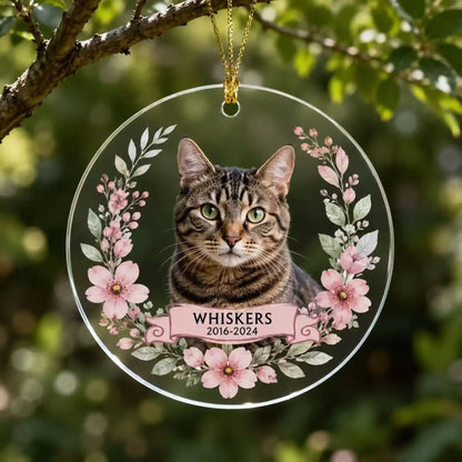 Personalized pet memorial ornament in Style F with a custom cat photo, name, years and pink flowers.