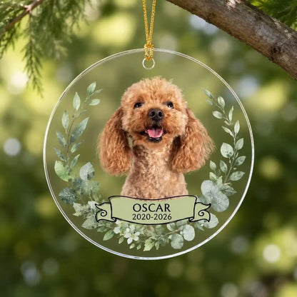 Personalized pet memorial ornament in Style G with a custom dog photo, name and green botanical design.
