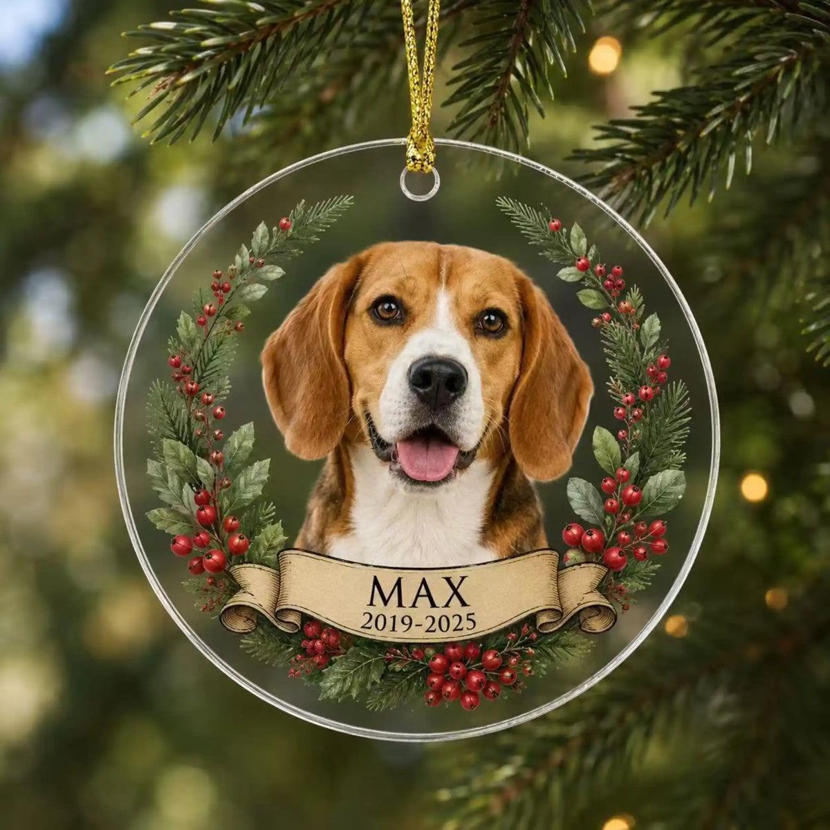 Personalized pet memorial ornament in Style H with a custom dog photo, name, years and red berry foliage.