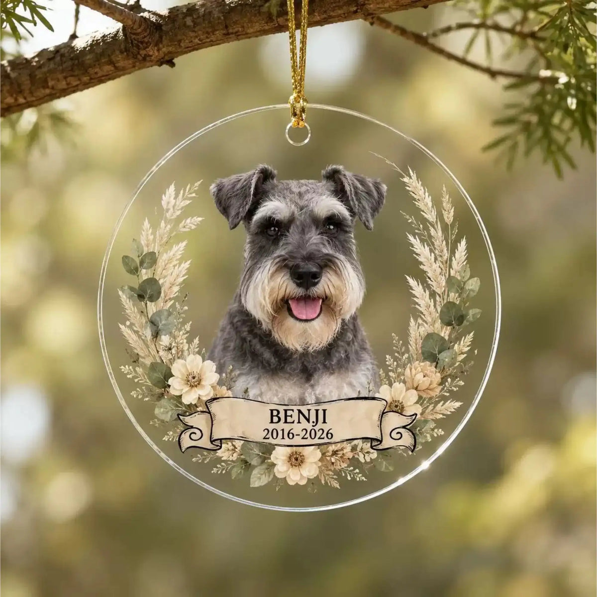 Personalized pet memorial ornament in Style J with a custom dog photo, name, years and neutral floral design.