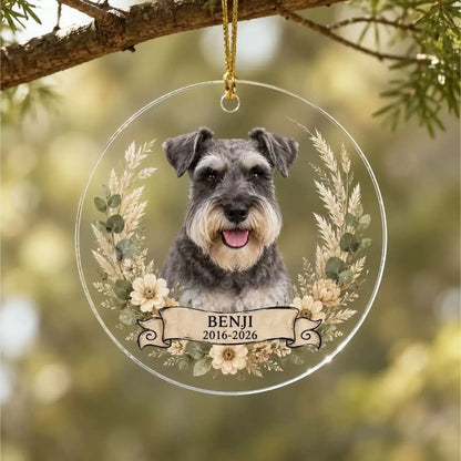 Personalized pet memorial ornament in Style J with a custom dog photo, name, years and neutral floral design.