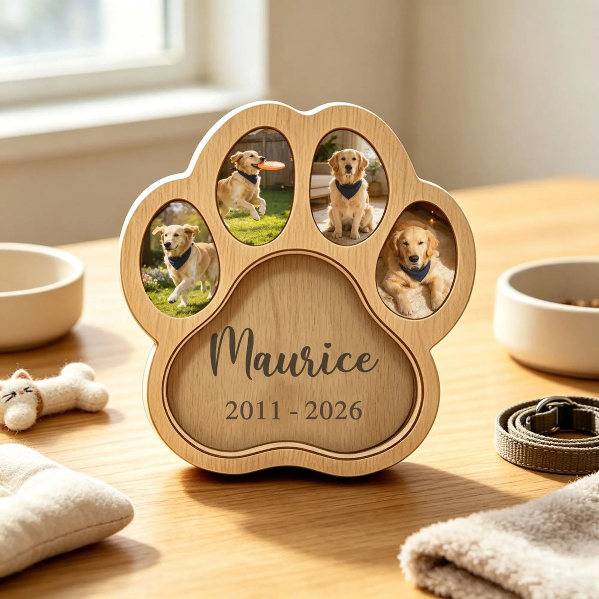 Close-up of custom pet name and dates on a personalized paw print frame