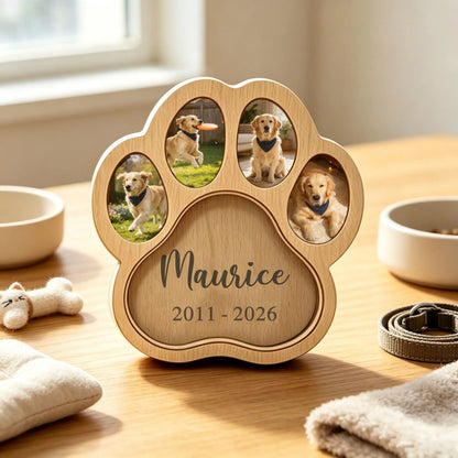 Close-up of custom pet name and dates on a personalized paw print frame