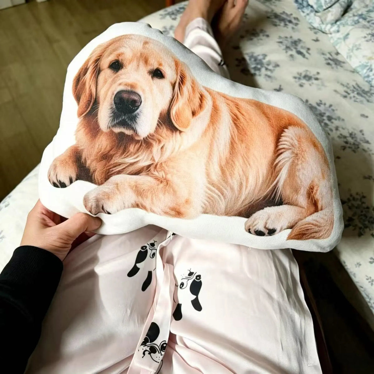 Real personalized pet photo pillow featuring a Golden Retriever with custom shaped edges
